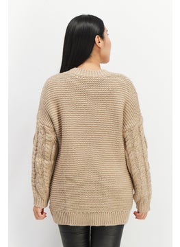 VERO MODA Women Crew Neck Long Sleeves Knitted Metallic Sweater, Tan Combo  - Image 3