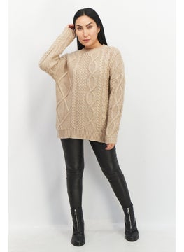 VERO MODA Women Crew Neck Long Sleeves Knitted Metallic Sweater, Tan Combo  - Image 4