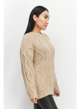 VERO MODA Women Crew Neck Long Sleeves Knitted Metallic Sweater, Tan Combo  - Image 2