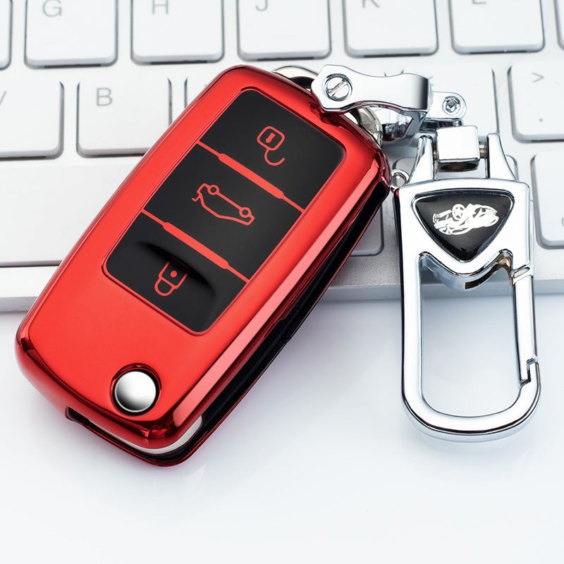 Suitable for Volkswagen key case buckle cover, Langxing new Sagitar, Weiling, Bora, Lavida, Jetta, Polo Tiguan Volkswagen Model A - Folding 3-button [Vibrant Red] single shell + upgraded anti-lost metal buckle - Image 1
