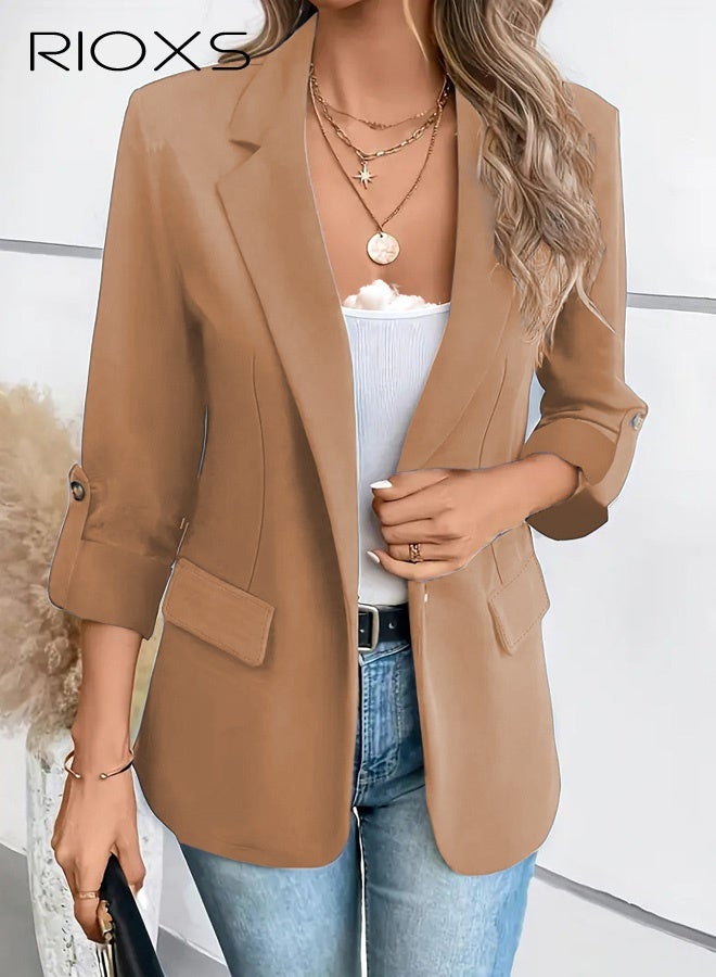 RIOXS Womens Blazers, Business Casual Blazers for Ladies, Long Sleeve Notch Lapel Slim Fit Work Office Blazer Jackets with Pockets, Spring Fall Suit Outerwear for Commuting Meeting Daily Wearing - Image 3