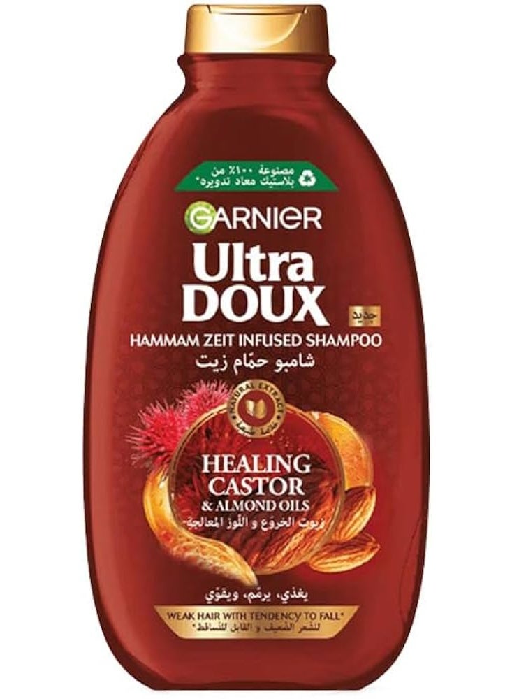 Garnier Ultra Doux Restoring Castor & Almond Oils Shampoo features a repairing hammam zeit infused formula that deeply nourishes, strengthens, and restores weak hair prone to falling, reinforcing it from roots to tips.