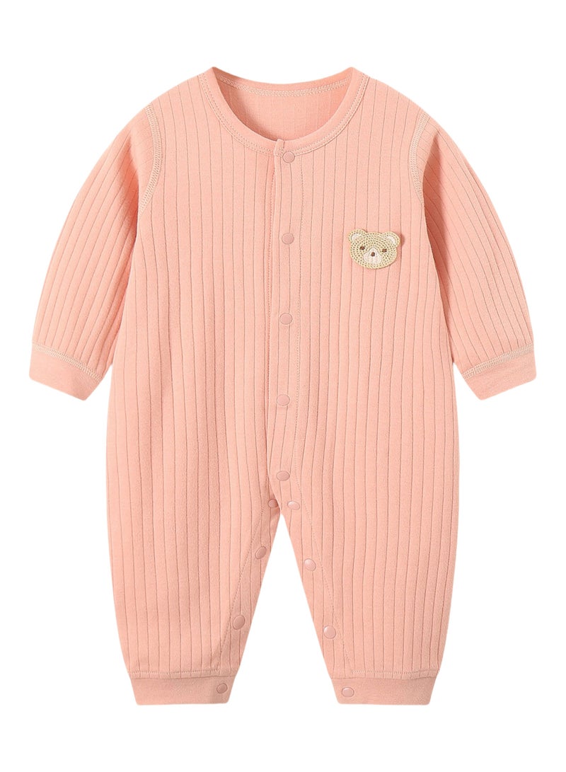 Baby Long Sleeve Romper - 100% Cotton Jacquard Knit, Full Front Snap, Embroidered Bear, Soft & Breathable - For 3-18 Months  - Image 2