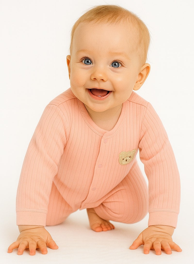 Baby Long Sleeve Romper - 100% Cotton Jacquard Knit, Full Front Snap, Embroidered Bear, Soft & Breathable - For 3-18 Months  - Image 1