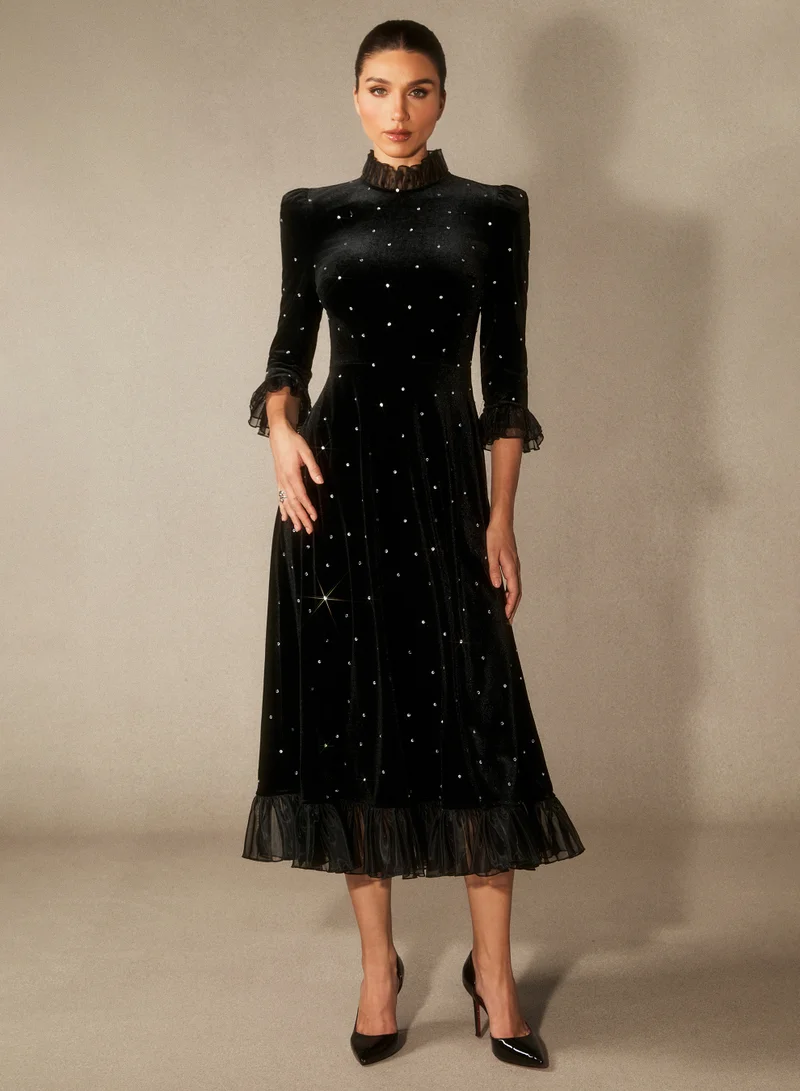 سنفير Jolie Diamante Ruffle Velvet Maxi Dress