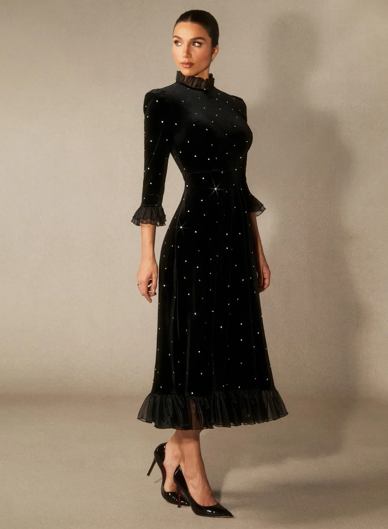 سنفير Jolie Diamante Ruffle Velvet Maxi Dress