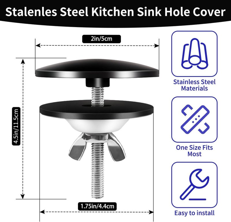 Quadafy 2 Inch Kitchen Sink Hole Covers, Faucet Hole Cover Stainless Steel Wash Basin Kitchen Sink Tap Hole Plate Stopper, Sealed Decoration Hole Cover (Black), 520860 - Image 3