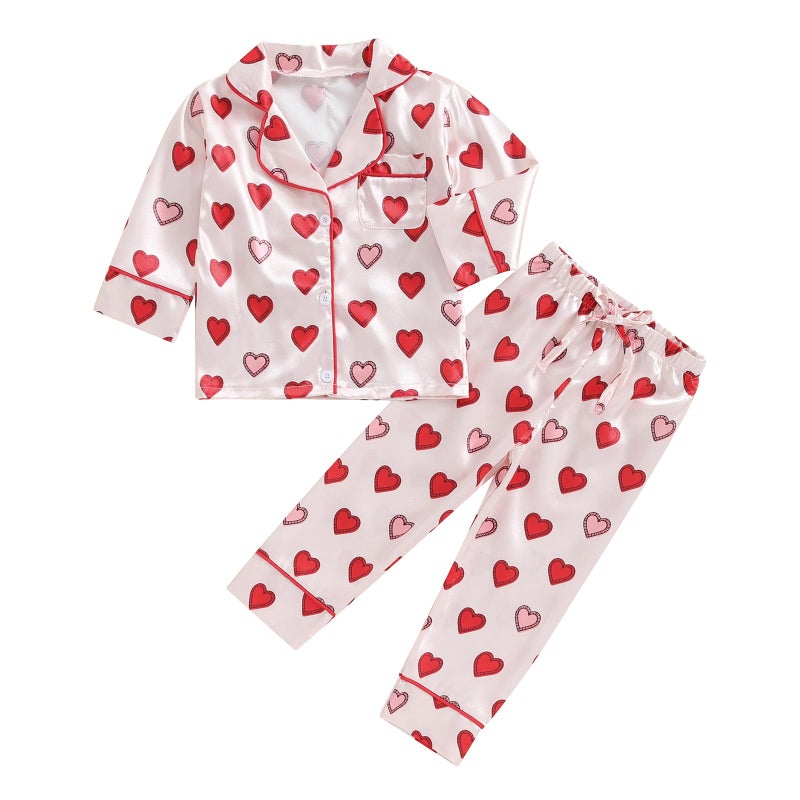 BULINGNA Kids Toddler Girl Two Piece Pajamas Set Heart Shape Pajamas Top with Pajamas Pants Satin Sleepwear (Red, 12-18 Months) - Image 1