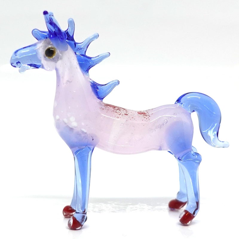 Sansukjai Horse Miniature Figurine Handmade Blown Glass Art Tiny Animal Collectible Sculpture Unique Home Decor Gift Blue Pink