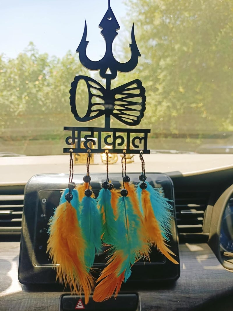 Rukshv Decorative Car Rearview Mirror Hanging with Feathers, Acrylic Spiritual Accessory for Home, Car, Office Interior Decor (mahakal) - Image 3