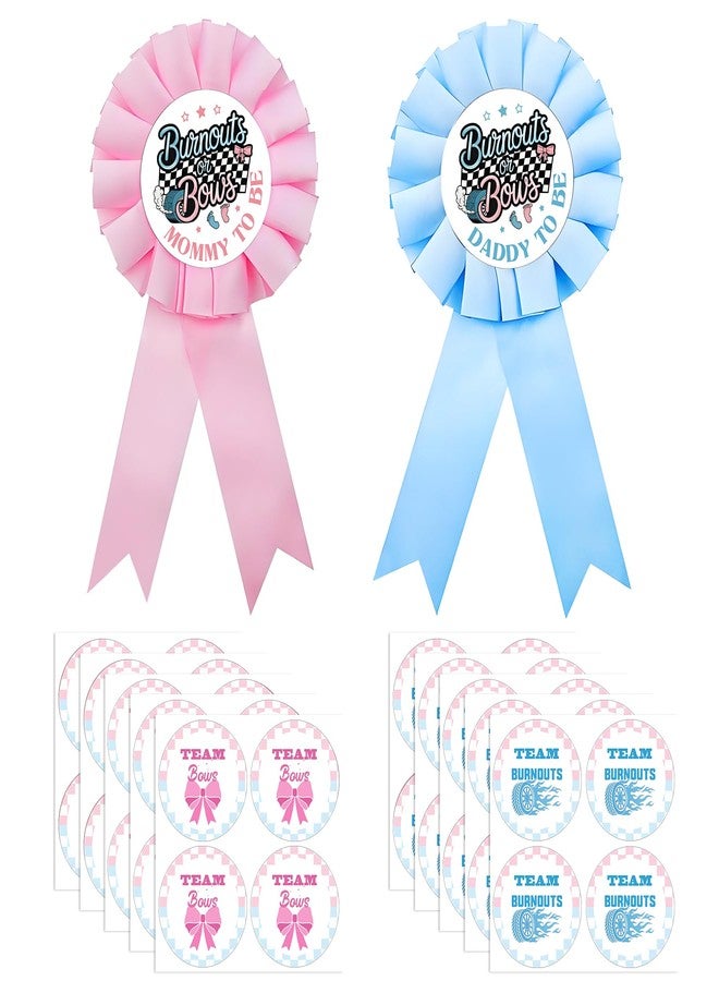 Ohmique 42 Pcs Burnouts or Bows Gender Reveal Decorations - Daddy and Mommy to Be Tinplate Badge Pin and 40 Pcs Burnouts or Bows Stickers, Pink Blue Boy or Girl Car Gender Reveal Decorations for Baby Shower - Image 1