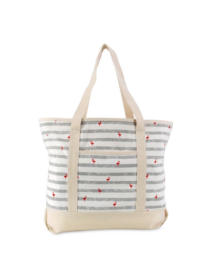DALIX - 22" Shopping Tote Bag In Heavy Cotton Canvas (Zippered Top) Gray Flamingo - Image 1