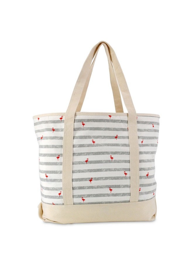 DALIX - 22" Shopping Tote Bag In Heavy Cotton Canvas (Zippered Top) Gray Flamingo - Image 1