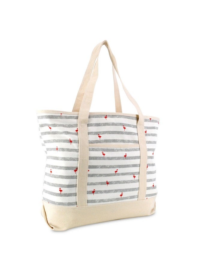 DALIX - 22" Shopping Tote Bag In Heavy Cotton Canvas (Zippered Top) Gray Flamingo - Image 1