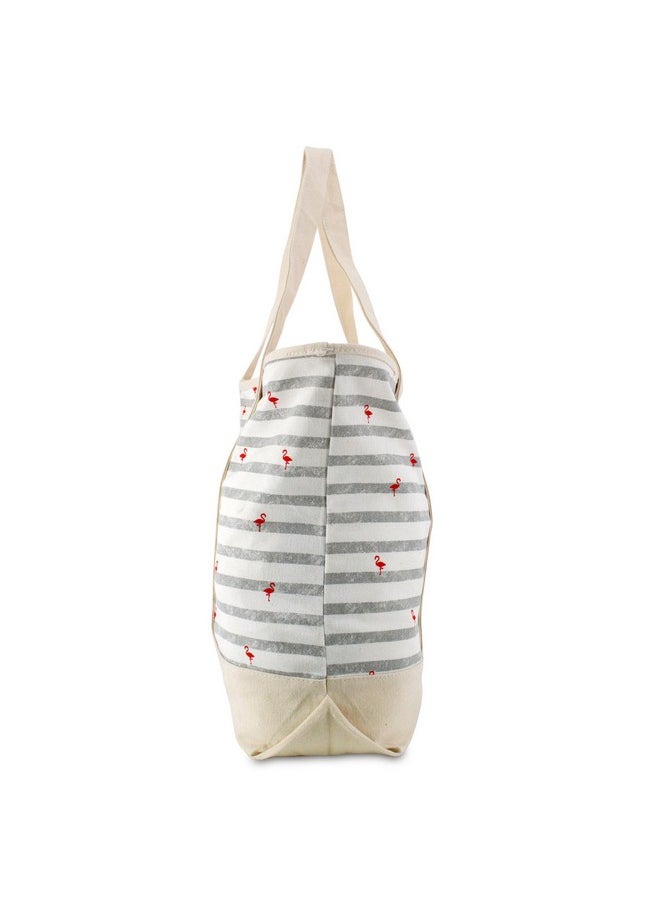 DALIX - 22" Shopping Tote Bag In Heavy Cotton Canvas (Zippered Top) Gray Flamingo - Image 1