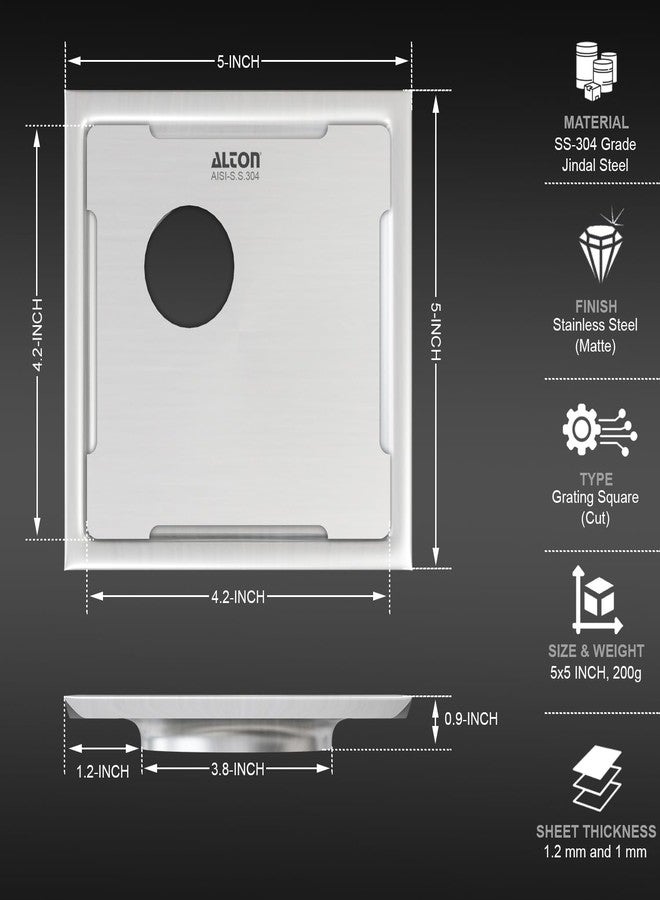 ALTON ALD1005, SS-304 Grade, 5x5 INCH Cut, Bathroom Grating Square Floor Drain Jali, Matte - Image 1
