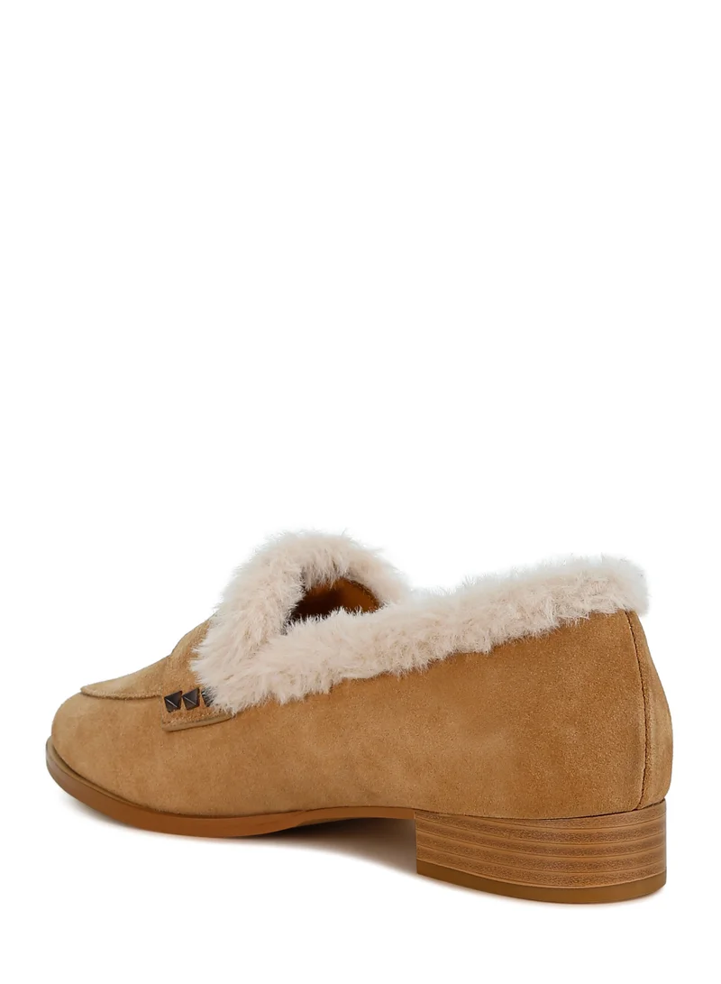 London Rag Fur Trim Suede Loafers Tan