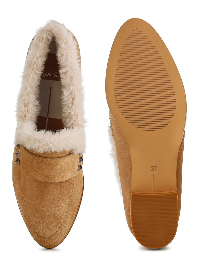 London Rag Fur Trim Suede Loafers Tan