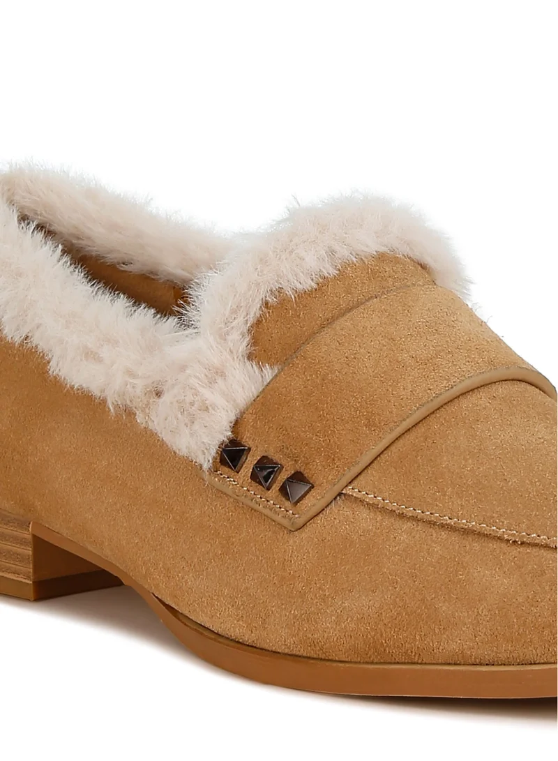 London Rag Fur Trim Suede Loafers Tan