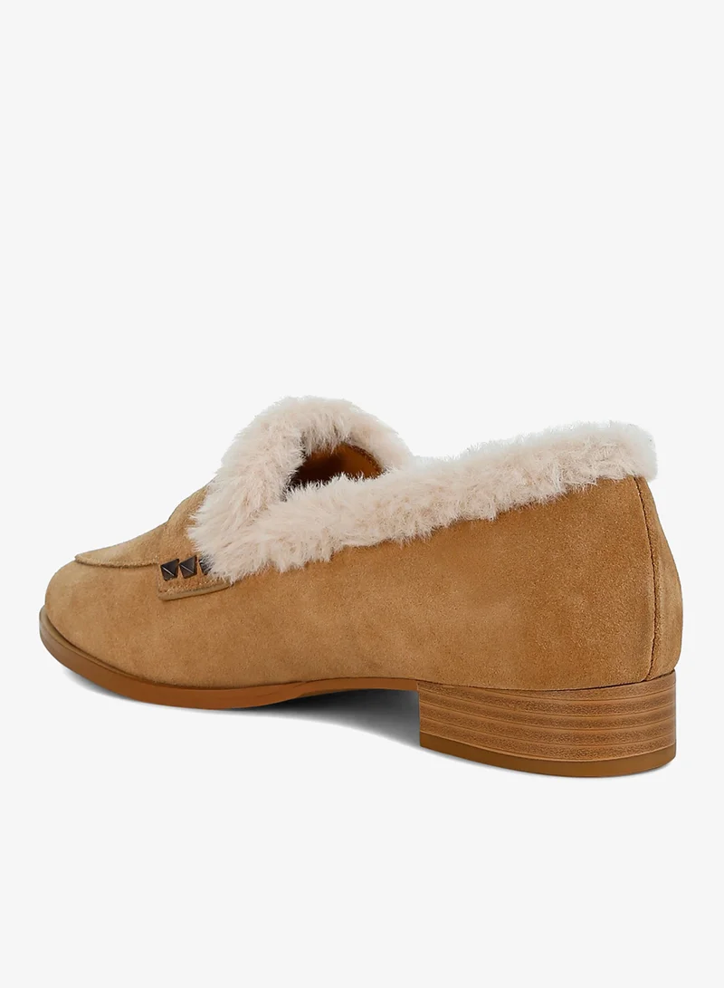 London Rag London Rag Women's Fur Trim Suede Loafers Tan
