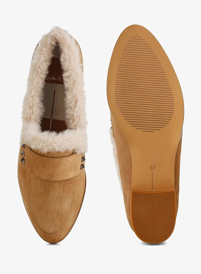 London Rag London Rag Women's Fur Trim Suede Loafers Tan
