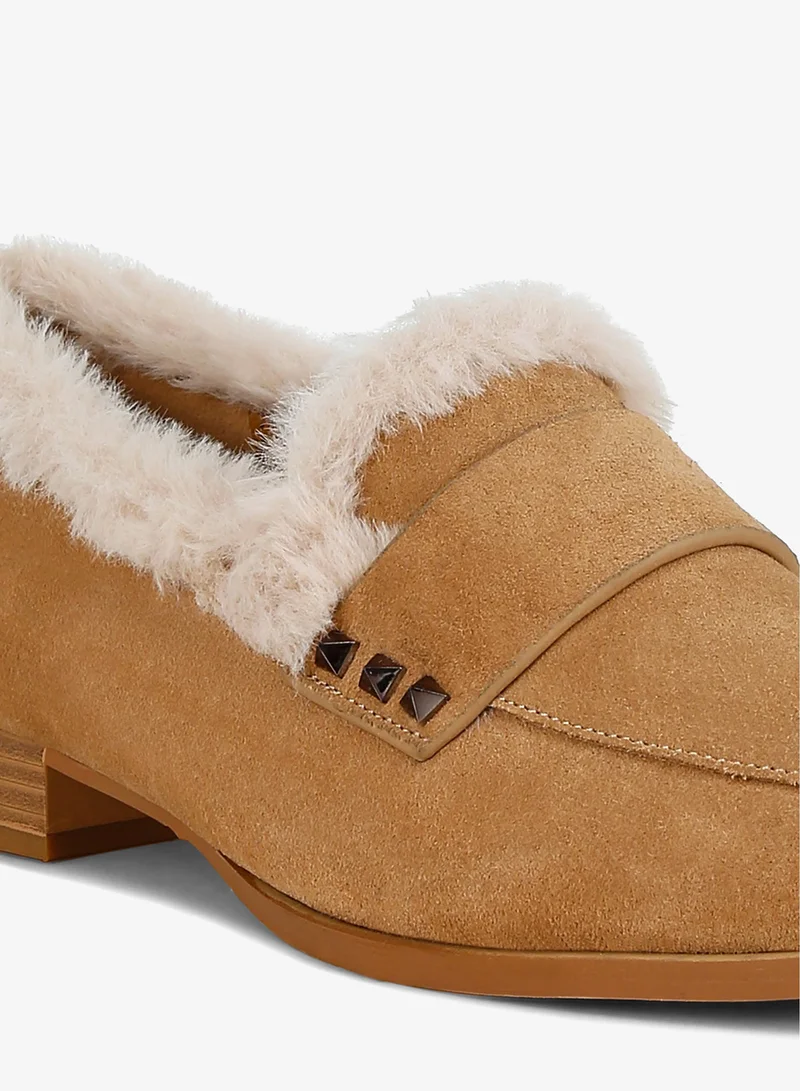 London Rag London Rag Women's Fur Trim Suede Loafers Tan