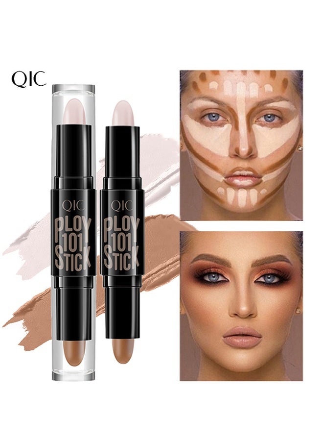 كيو اي سي عصا مستحضرات التجميل ذات الرأس المزدوج ، عصا كونتور عصا المكياج ذات النهاية المزدوجة ، عصي البرونزر الكريمي ، قلم خافي عيوب للوجه مقاوم للماء لوجه الجسم لتفتيح ظل الوجه ، إنشاء مكياج ثلاثي الأبعاد # 01 عاجي - Image 1