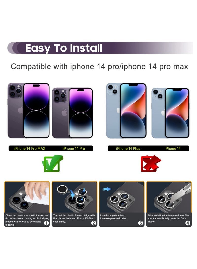 iPhone 14 Pro 6.1 inch /14 Pro Max 6.7 inch Camera Lens Protector, Set with Diamonds Bling Camera Cover Tempered Glass for iPhone 14 Pro Max /14 Pro [Perfectly Fit] - Diamond Black - Image 2