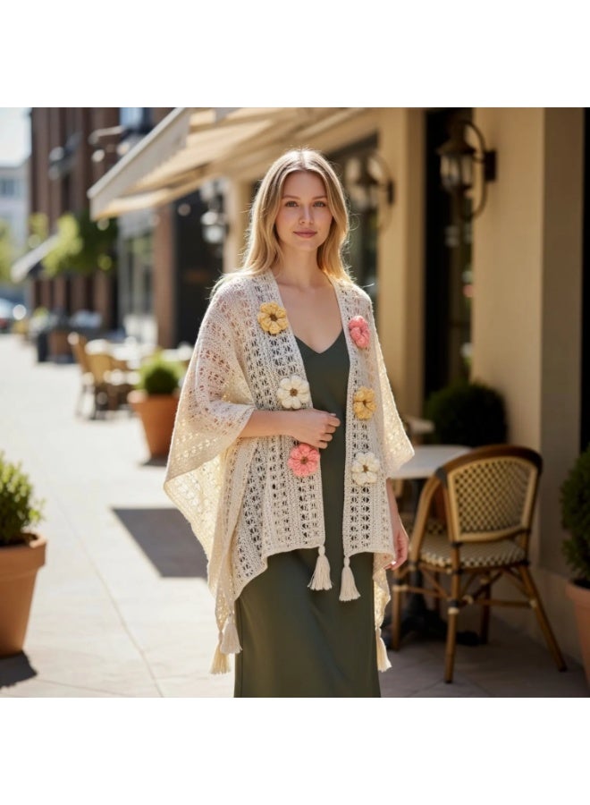 Moon Style Ivory Open-Weave Crochet Poncho with Floral Appliqués and Tassels, One Size - Image 1