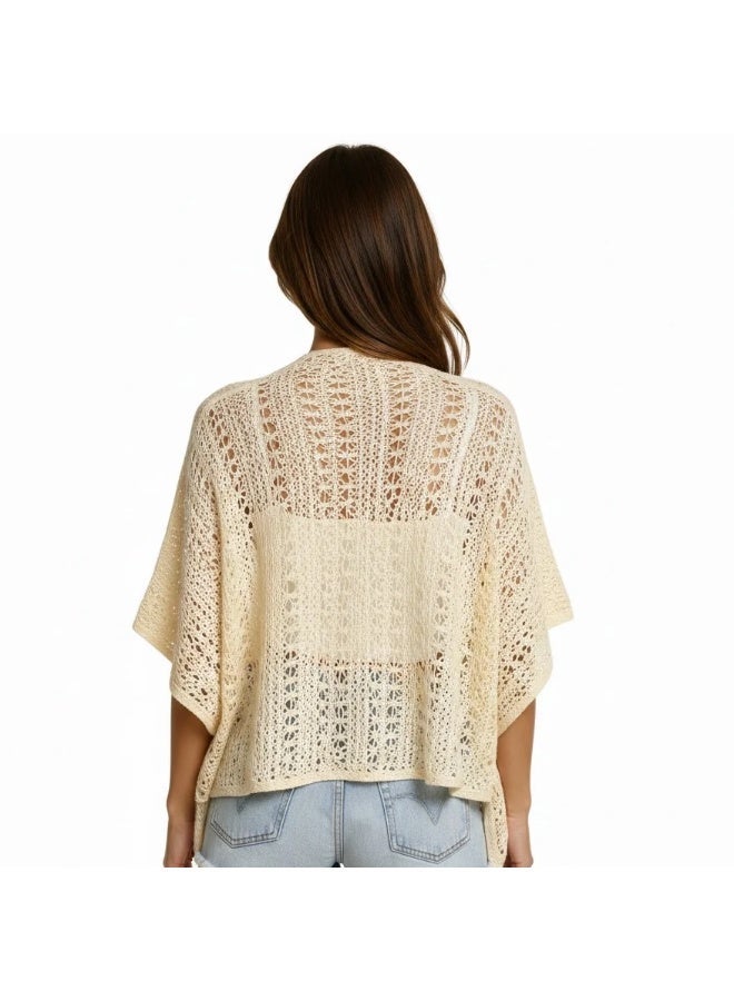 Moon Style Ivory Open-Weave Crochet Poncho with Floral Appliqués and Tassels, One Size - Image 2