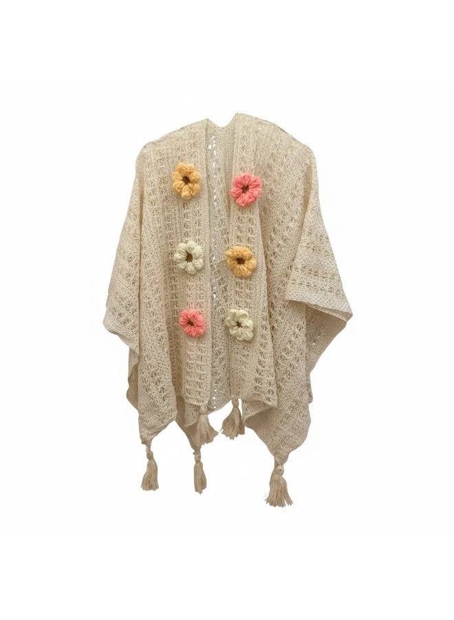 Moon Style Ivory Open-Weave Crochet Poncho with Floral Appliqués and Tassels, One Size - Image 3