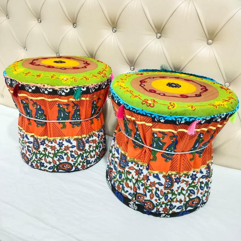 POSHMANDALA Embroidery Work Bamboo Mudda Cover Muddy Stool Ottaman Pouffes Patio Chair Footstools Cover Size 17x18 Inches Set of 2 Pieces ONLY Cover - Image 1