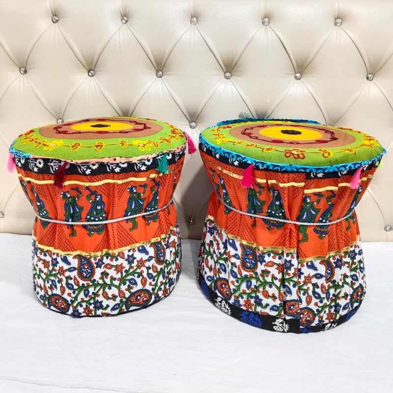 POSHMANDALA Embroidery Work Bamboo Mudda Cover Muddy Stool Ottaman Pouffes Patio Chair Footstools Cover Size 17x18 Inches Set of 2 Pieces ONLY Cover - Image 2