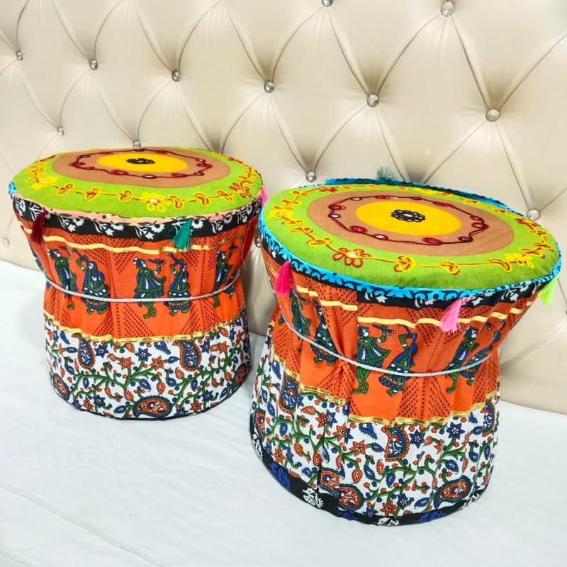 POSHMANDALA Embroidery Work Bamboo Mudda Cover Muddy Stool Ottaman Pouffes Patio Chair Footstools Cover Size 17x18 Inches Set of 2 Pieces ONLY Cover - Image 3