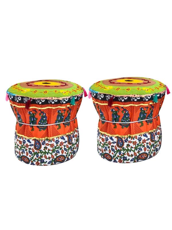 POSHMANDALA Embroidery Work Bamboo Mudda Cover Muddy Stool Ottaman Pouffes Patio Chair Footstools Cover Size 17x18 Inches Set of 2 Pieces ONLY Cover - Image 4