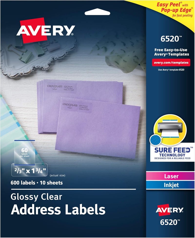 AVERY Glossy Crystal Clear Return ADDRess Labels For Laser & Inkjet Printers, 2/3" X 1-3/4" 600 Labels (6520) - Image 1