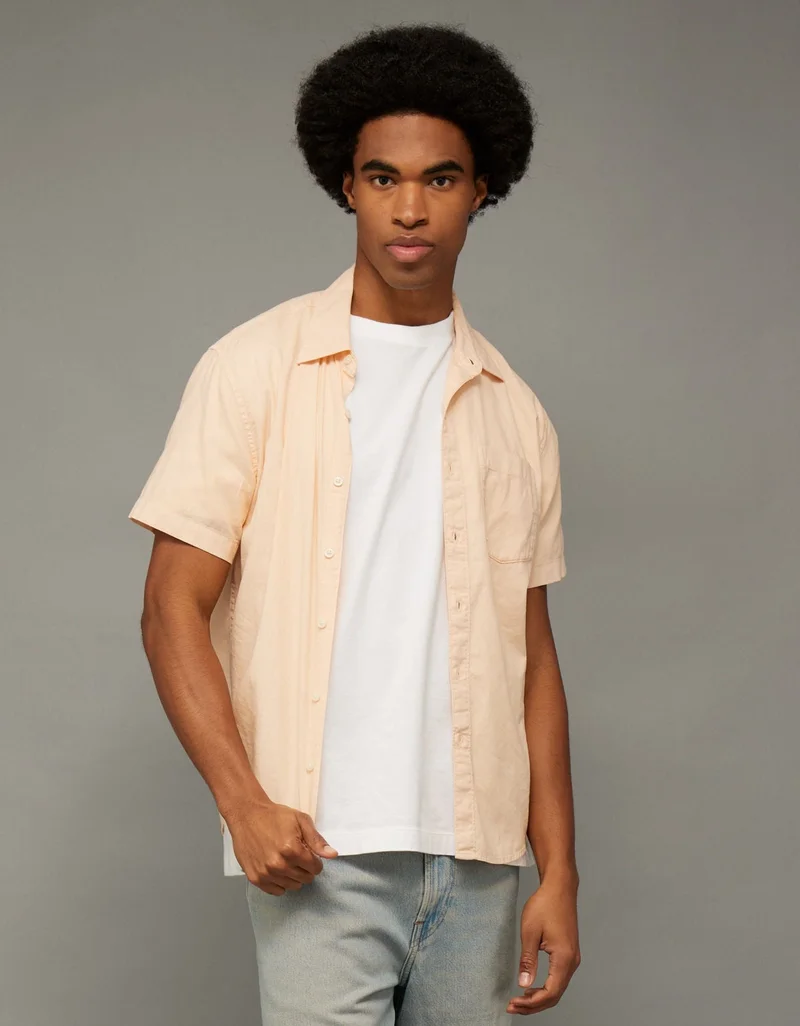 American Eagle AE Linen-Blend Short-Sleeve Button-Up Shirt