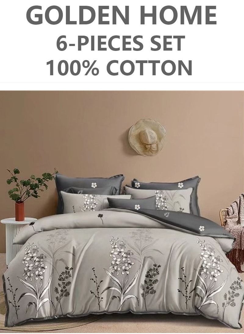 GOLDEN HOME 6-Piece Striped Printed King Size Cotton Duvet Cover Set Includes 1xFitted Bedsheet 200x200+30cm, 1xDuvet Cover 220x240 cm, 2xPillowcase 55x80cm, 2xCushion Case 45x70cm 