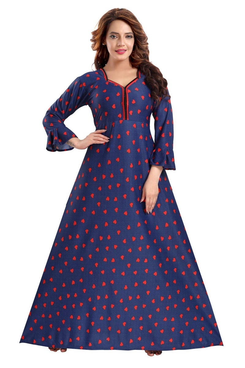 Fabme Women's Satin Printed Flare Floor Length Nighty with Long Sleeves Night Gown (Red, Size-Large) - Image 5