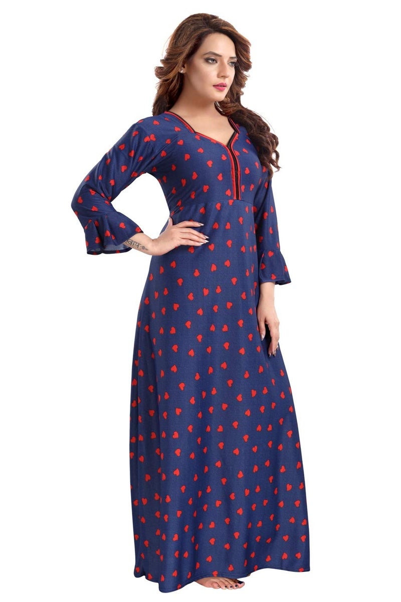Fabme Women's Satin Printed Flare Floor Length Nighty with Long Sleeves Night Gown (Red, Size-Large) - Image 3
