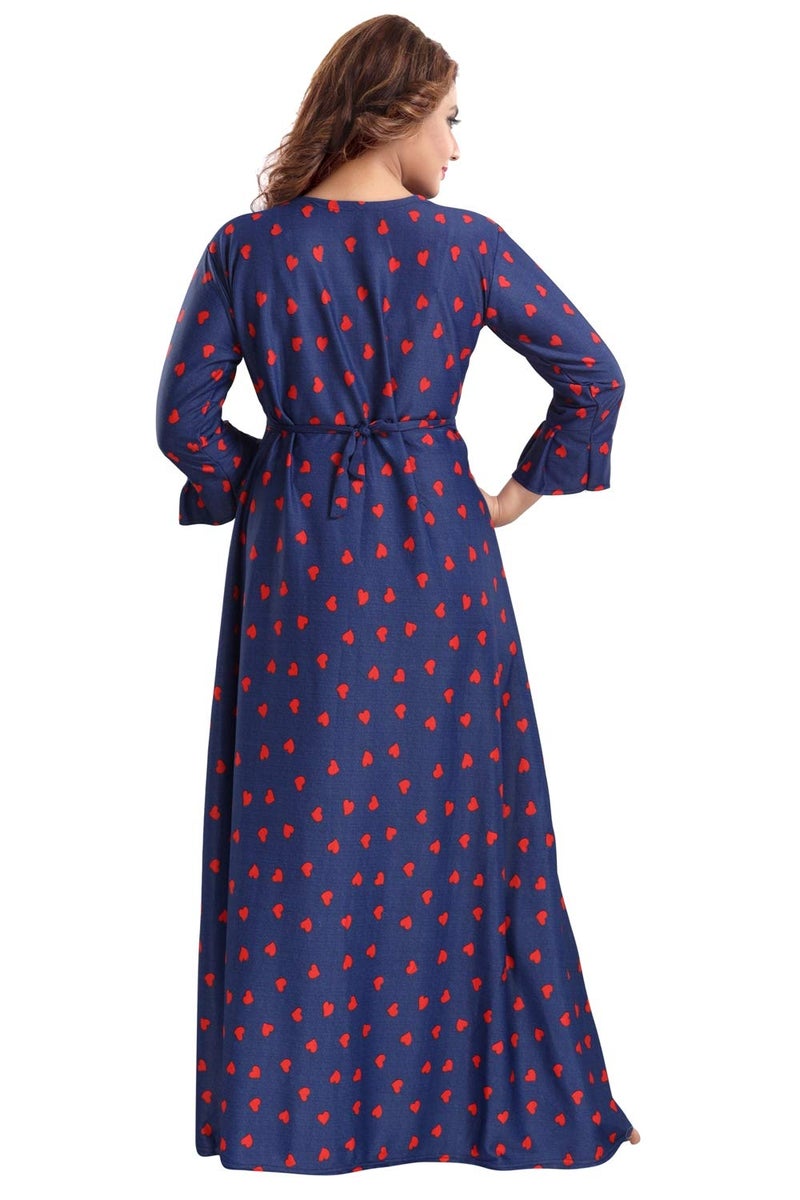 Fabme Women's Satin Printed Flare Floor Length Nighty with Long Sleeves Night Gown (Red, Size-Large) - Image 2