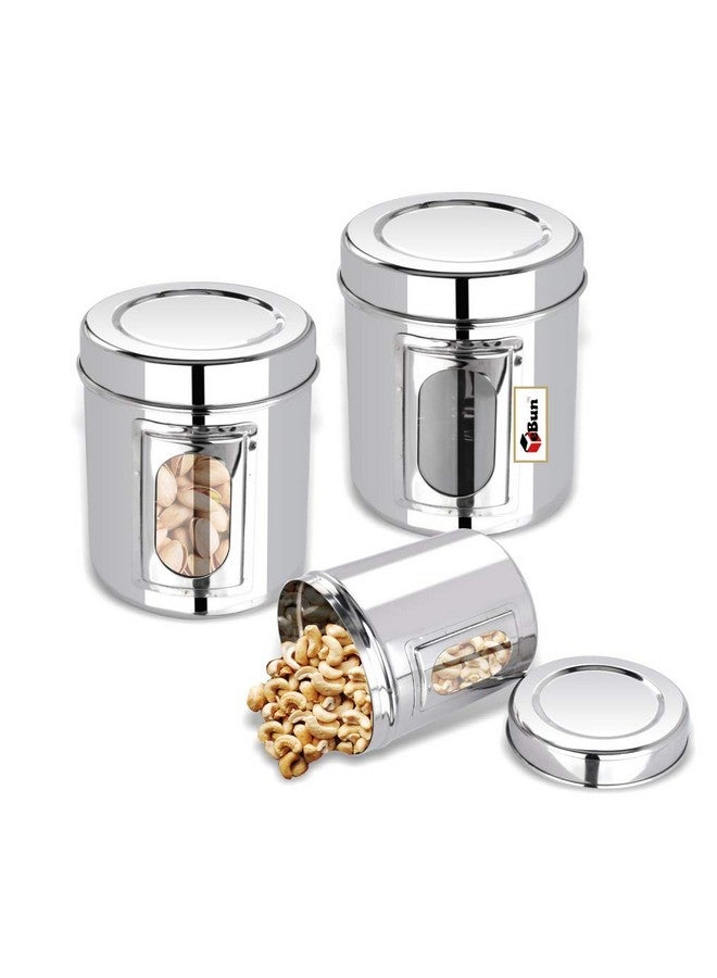 Ebun Heavy Gauge Stainless Steel Multipurpose See Through Small Containers | Air Tight Canister For Kitchen Storage | Ubha Dabba | Transparent Vertical Jar | Silver Small Size Set of 3 - Image 1