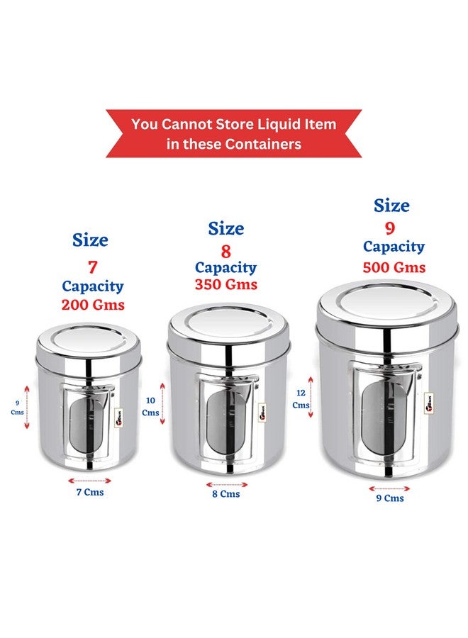 Ebun Heavy Gauge Stainless Steel Multipurpose See Through Small Containers | Air Tight Canister For Kitchen Storage | Ubha Dabba | Transparent Vertical Jar | Silver Small Size Set of 3 - Image 3