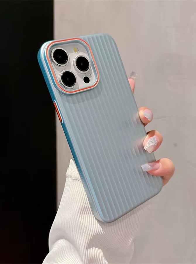 iPhone 15 Premium Ultra Thin Corrugated Matte Non-Slip Case, Metallic Paint Striped Waves Bumper Hard PC Slim Cover For iPhone 15 - Baby Blue - Image 2