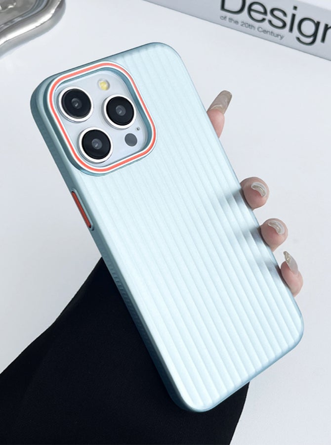 iPhone 15 Premium Ultra Thin Corrugated Matte Non-Slip Case, Metallic Paint Striped Waves Bumper Hard PC Slim Cover For iPhone 15 - Baby Blue - Image 1