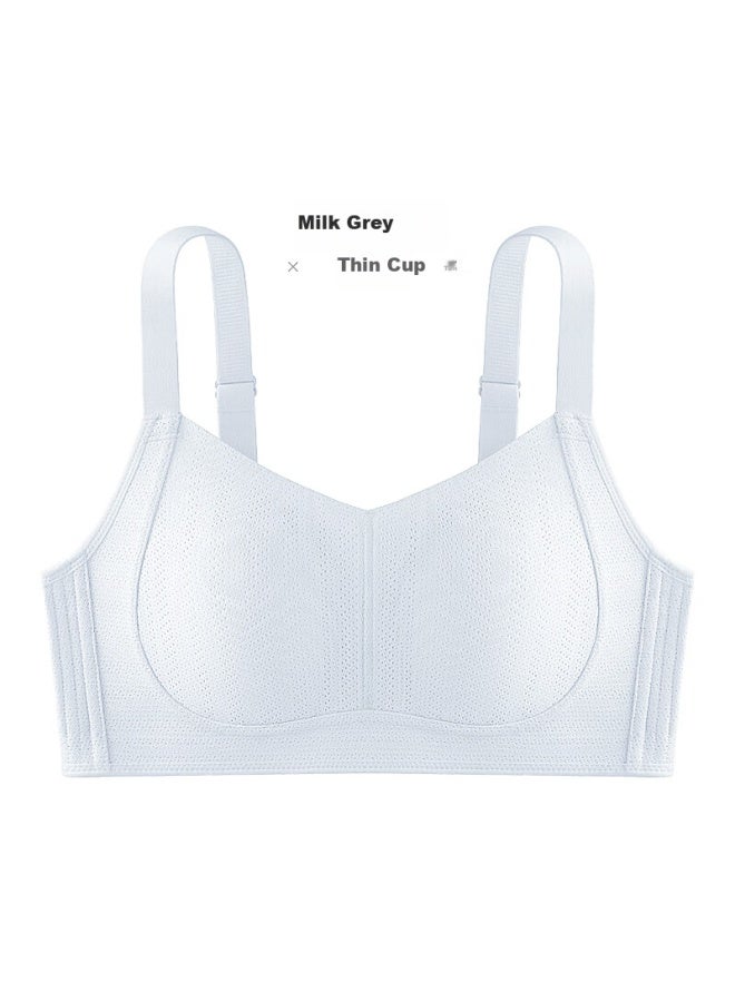 Finseech Thin Mesh Breathable Adjustable Side Support Anti-sagging Plus Size Seamless Bra, Milk Gray, L
