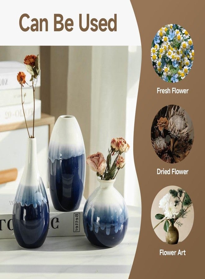 CROISSANT Blue and White Ceramic Vase Set of 3, Pampas Grass and Dried Flowers Decorative Vases, Mini Ceramic Vases for Home Decor, Center Pieces Decoration for Table - Image 2
