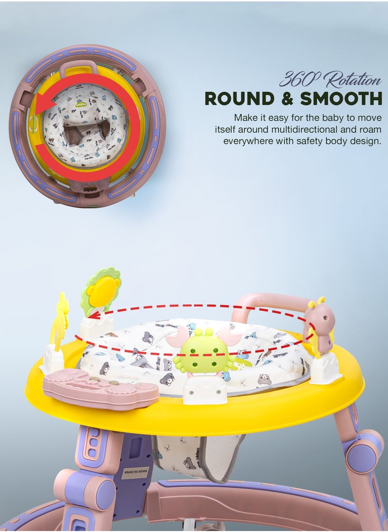 BAYBEE 2 in1 Push Baby Walker for Kids, Round Kids Walker with Push handle, 360 Rotatable Seat, Musical Toy Bar & Footmat | Kids Activity Walker | Push Walker for Baby Boy Girl 6 to 24 Months Pink  - Image 3