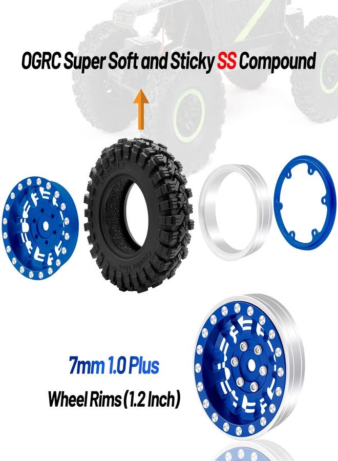 OGUNKE OGRC 1.0 Plus (1.2 Inches) Beadlock Wheel and Tires Set 7mm Negative Offset Wheel Rims SS Super Soft Sticky Tires for TRX4M SCX24 FCX24 AX24 1/24 1/18 RC Crawler Car - 62 * 24mm (Blue) - Image 4