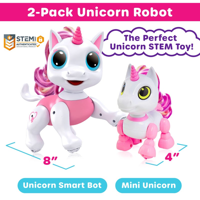 Power Your Fun Robo Pets Unicorn Toy 2pk Set - Unicorns Gifts for Girls and Kids (1) Unicorn Robot STEM Toy with Interactive Hand Gestures or Remote Control to Move and (1) Mini Automated Smart Robot - Image 2